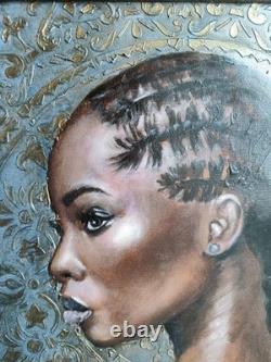 Original Oil Painting African American Black Woman Portrait Braids Art 13x17