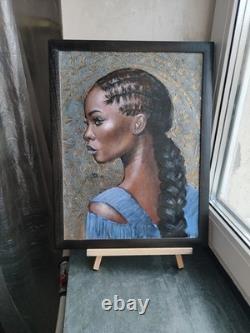 Original Oil Painting African American Black Woman Portrait Braids Art 13x17