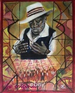 Original Oil Painting African American Man Black Folk Art Unframed Signed