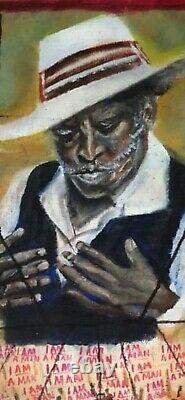 Original Oil Painting African American Man Black Folk Art Unframed Signed