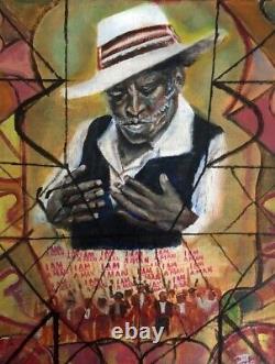 Original Oil Painting African American Man Black Folk Art Unframed Signed