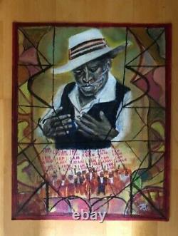 Original Oil Painting African American Man Black Folk Art Unframed Signed