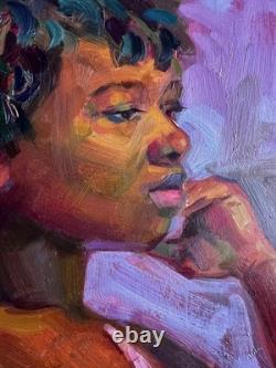 Original Oil Portrait Young African American Black Woman Signed Impressionism