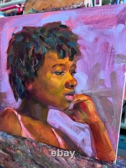 Original Oil Portrait Young African American Black Woman Signed Impressionism