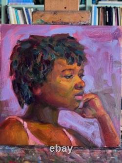 Original Oil Portrait Young African American Black Woman Signed Impressionism