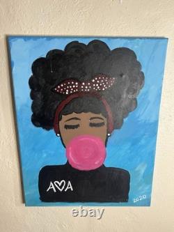 Pop Art Original Outsider Art African American Black Woman Painting Bubble Gum