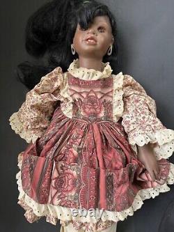 Porcelain African American Doll With Floral Dress & Lace Trim Black Hair Brown E