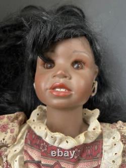 Porcelain African American Doll With Floral Dress & Lace Trim Black Hair Brown E