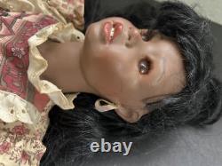Porcelain African American Doll With Floral Dress & Lace Trim Black Hair Brown E