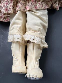 Porcelain African American Doll With Floral Dress & Lace Trim Black Hair Brown E