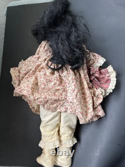Porcelain African American Doll With Floral Dress & Lace Trim Black Hair Brown E
