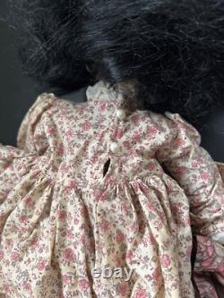 Porcelain African American Doll With Floral Dress & Lace Trim Black Hair Brown E