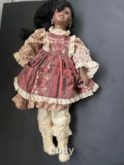 Porcelain African American Doll With Floral Dress & Lace Trim Black Hair Brown E