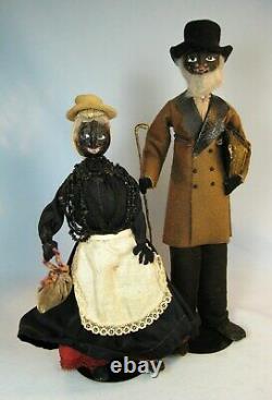 Pr Vintage Walnut Cloth Black Folk Art Primitive Dolls Loveleigh Novelty