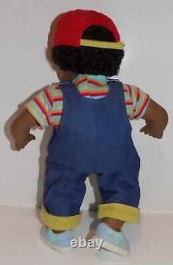 RARE Boy African American Girl Baby Doll Black Hair in Box Overalls Red Cap EUC