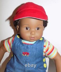 RARE Boy African American Girl Baby Doll Black Hair in Box Overalls Red Cap EUC