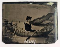 Rare Antique Tintype Photo Beautiful Black African American Woman Prop Boat