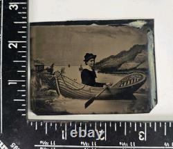 Rare Antique Tintype Photo Beautiful Black African American Woman Prop Boat