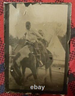 Rare Tintype Of African American Boy On Horse. Native American Teepee In Back