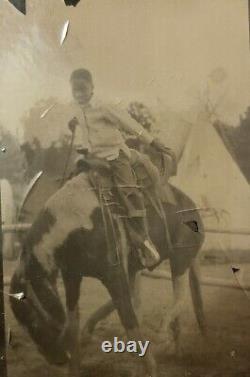 Rare Tintype Of African American Boy On Horse. Native American Teepee In Back