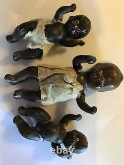 Set of 3 Small Black Bisque Hinged Babies 1930-1940