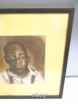 Signed Linda Minnisk African American Boy Black Art Pastel Drawing Yellow Paper
