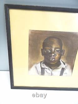 Signed Linda Minnisk African American Boy Black Art Pastel Drawing Yellow Paper