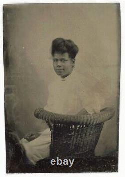 Smiling Black Woman Hair In A Bun Wicker Chair African American Tintype Photo