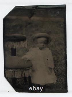 Tintype, African American Child Wearing Hat, Standing At Posing Chair
