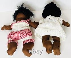Two 13 Black African American Handmade Cloth Rag Dolls Girl Folk Art Vintage