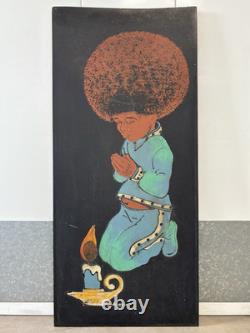 Vintage 1970s MCM African American Black Child AFRO Kitsch Painting, ASHBROOK