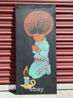 Vintage 1970s MCM African American Black Child AFRO Kitsch Painting, ASHBROOK