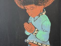 Vintage 1970s MCM African American Black Child AFRO Kitsch Painting, ASHBROOK