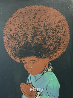 Vintage 1970s MCM African American Black Child AFRO Kitsch Painting, ASHBROOK