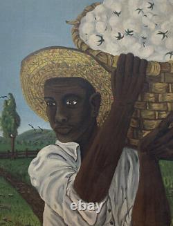 Vintage African American Folk Art Oil Painting Picking Cotton Black Americana