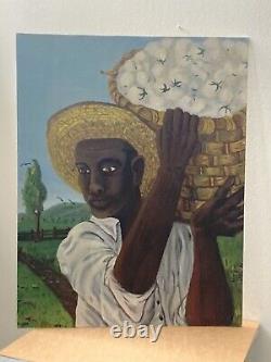 Vintage African American Folk Art Oil Painting Picking Cotton Black Americana