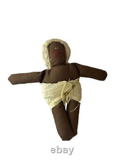Vintage African American Girl Rag Doll in Dress, Knickers Holding Baby Doll