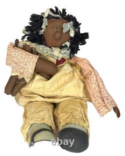 Vintage African American Girl Rag Doll in Dress, Knickers Holding Baby Doll