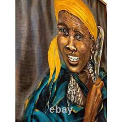 Vintage African American Oil On Canvas Beautiful Lady Black Woman Portrait