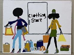 Vintage African American Outsider Art O/B Painting Signed Black