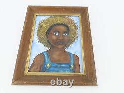 Vintage African American black farmboy naive outsider folk art portrait signed