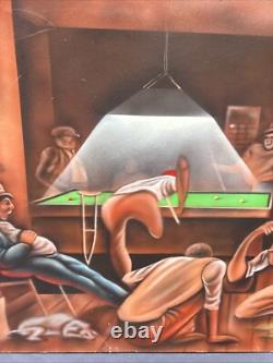 Vintage Black African American Folk Art People Bar Pool Drinking Oil Painting