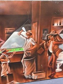 Vintage Black African American Folk Art People Bar Pool Drinking Oil Painting