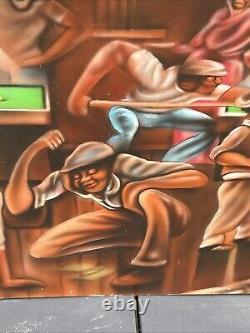 Vintage Black African American Folk Art People Bar Pool Drinking Oil Painting