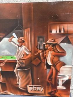 Vintage Black African American Folk Art People Bar Pool Drinking Oil Painting