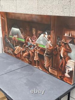 Vintage Black African American Folk Art People Bar Pool Drinking Oil Painting