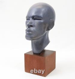 Vintage Ceramic Bust 14 Sculpture Art Deco African American Black Man Wood Base