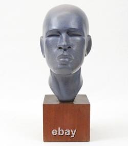 Vintage Ceramic Bust 14 Sculpture Art Deco African American Black Man Wood Base