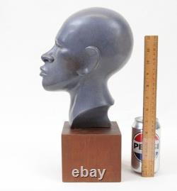 Vintage Ceramic Bust 14 Sculpture Art Deco African American Black Man Wood Base