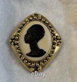 Vintage Coreen Simpson Black African American Cameo Brooch Pin Gold Tone